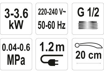 FALA Нагрівач води проточної мереж. до 60°С,3кВт,тиск 0,04-0,6MPa, гусак l=20 см, бічне під'єднання 