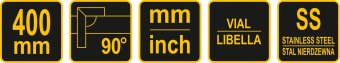 VOREL Кутник з рівнем : L= 400 мм/14.5", метрична і дюймова шкали, алюміній + сталь  | 18381