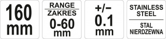 YATO Штангенциркуль для гальмівних дисків YATO: l=160 мм, з діап.- 0-60 мм, точн ± 0,1мм, губки-55мм