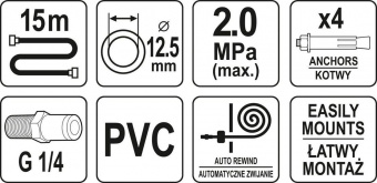 YATO Шланг пневматичний ПВХ на котушці YATO з швидкоз'єдн. наконеч-ми 1/4", Ø=12.5 мм, тиск- 20Bar, 