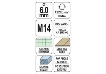 YATO Свердло по кераміці і гресу в сух і мокр. YATO: Ø=6мм, з алмаз пругом, до шліфмашин.кріплен-М14