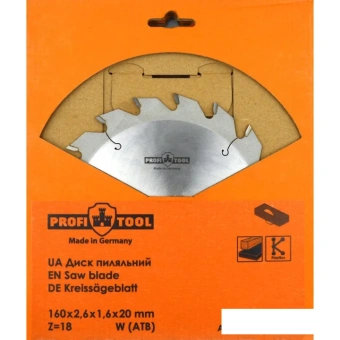 Диск пильный по дереву 160х2.6х1.6х20 мм, Z=18, форма зуба W (ATB), продольный рез PROFITOOL