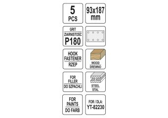YATO Папір шліфувальний з липучкою YATO: 93 х 187 мм, Р180, до YT-82230, 5 шт  | YT-83806