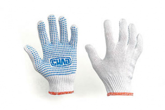 Перчатки Х/Б с ПВХ точкой р10 (белые+черный ПВХ стандарт) СИЛА