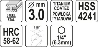 YATO Свердло фрезерувальне по металу YATO : HSS-TIN, Ø= 3 мм, l= 70 мм, HEX - 1/4"  | YT-44820