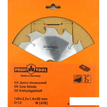 Диск пильный по дереву 160х2.2х1.4х20 мм, Z=12, форма зуба W (ATB), продольный рез PROFITOOL