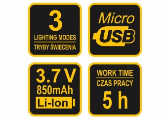 VOREL Ліхтар на чоло акумуляторний світлодіодний : 3Вт; Li-Ion 3,7В, 0,85A×Год, 3 режими, 130+160 lm
