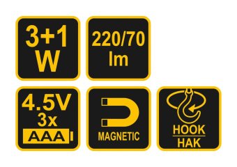 Ліхтар діодний VOREL, 3+1 Вт, 220/70 лм, живлення- 3ААА х 1.5 В, 180х 55х 30 мм, гак, магніт [24/48]