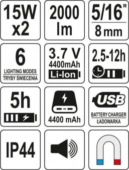 YATO Світильник переносний, світлодіод YATO 3,7 В Li-Ion акумул 2000Лм з 2 динаміками по 15Вт, заряд