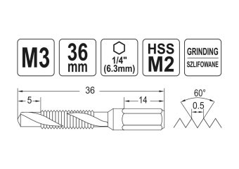 YATO Свердло-мітчик YATO М3 х 0.5 мм, HSS М2, HEX-1/4", l= 36/5 мм  | YT-44840