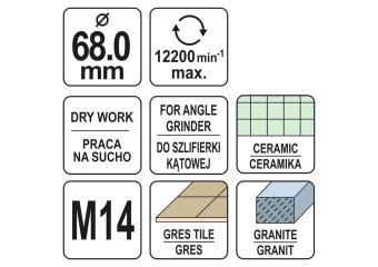 YATO Свердло по кераміці і гресу в сух і мокр YATO: Ø=68мм, з алмаз пругом, до шліфмашин. кріплен-М1
