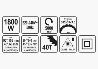 YATO Пила торцьовальна з протяжкою і лазером YATO: P=1.8 кВт, диск Ø=305/30мм, гл. різу 90°/45°-105/