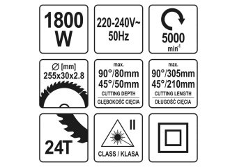 YATO Пила торцьовальна з лазером і протяж.YATO:P=1.8кВт,диск Ø=255/30мм,5000 об/хв,гл.різу 0°/45°-80