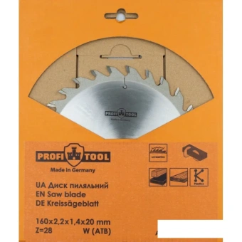 Диск пильный по дереву 160х2.2х1.4х20 мм, Z=28, зуб W (ATB), продольный+поперечный рез PROFITOOL