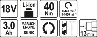 YATO Шуруповерт-дриль акумулят. Li-Ion- 2х18 В YATO: 3 Агод, крутн.мом.- 40Нм, патрон Ø≤13 мм в кейс