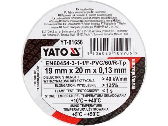 Стрічка електро-ізоляційна ПВХ YATO біла, 20 м x19x0.13 мм, робоча t= 5-50 °С [72]