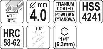 YATO Свердло фрезерувальне по металу YATO : HSS-TIN, Ø= 4 мм, l= 78 мм, HEX - 1/4"  | YT-44821