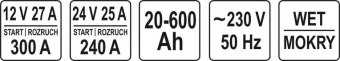 YATO Пуско-зарядний пристрій YATO : акумулятор 12/24 В, 40-240 А, 20-600 Аh, 230 В  | YT-83060