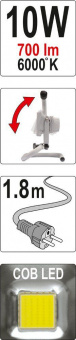 YATO Прожектор діодний, переносний, мережевий YATO; 230 В, 10 Вт, 700 lm, кабель l=1,8 м (DW) | YT-8