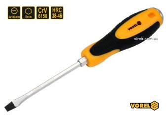 VOREL Викрутка плоска ударна з 6-гранним стержнем : SL5 х 100 мм, HRC 38-46, Cr-V  | 62161