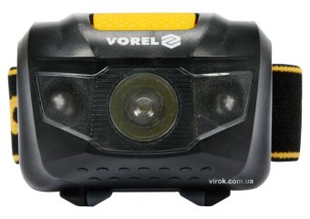 Ліхтар на чоло світлодіодний VOREL; 2 режими (1+2 LED), 1 Вт, 100 lm, живл/- 3 ААА батарейки [12/48]