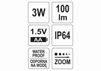YATO Ліхтар діодний кишеньковий 3 Вт від батарейки 1хАА і 3 режими світла; 100х 25 мм, вододонепрони