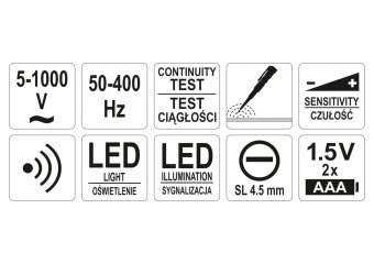 YATO Індикатор напруги мережі YATO контрольний, 5-1000В, плоский шліц SL4.5мм, регулятор чутливості 