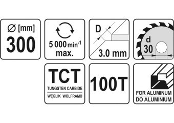 YATO Диск пиляльний по алюмінію YATO, 300х30х3.0x2.2 мм, 100 зубців, R.P.M до 5000 1/хв  | YT-6097