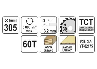 YATO Диск пиляльний победітовий по дереву YATO: 305x30x3.2x2.2 мм, 60 зубців, R.P.M до 5000 1/хв  | 