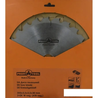Диск пильный по дереву 250х3.2х2.2х30 мм, Z=24, форма зуба Wneg (ATBneg), поперечный рез PROFITOOL