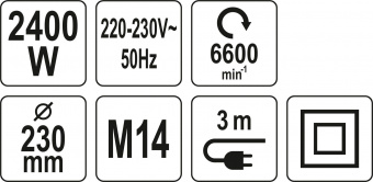 YATO Шліфмашина кутова мережева YATO : Ø= 230 мм. P= 2400 Вт, 6000 об/хв, М14, плавний пуск  | YT-82