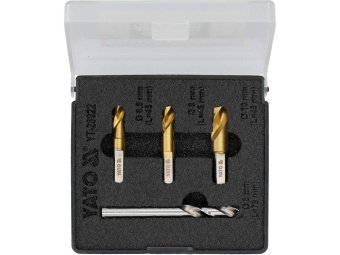 Свердла для точкового зварювання HSS YATO Ø= 6.5х 45мм, Ø= 8х 45/79 мм, Ø=10х 45 мм, 4 шт. у футлярі
