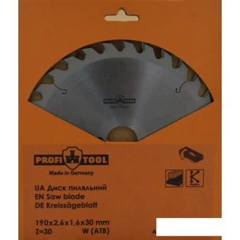 Диск пильный по дереву 190х2.6х1.6х30 мм, Z=30, форма зуба W (ATB), продольный рез PROFITOOL