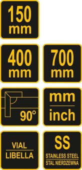 VOREL Кутники з рівнем : L=150/400/700 мм, метрична і дюймова шкали, алюміній+сталь, 3 шт  | 18390