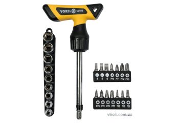 Викрутка реверсивна Т-подібна VOREL: тріщатка, з насадками і головками 1/4". [Набір 25 Елем.] [6/36]