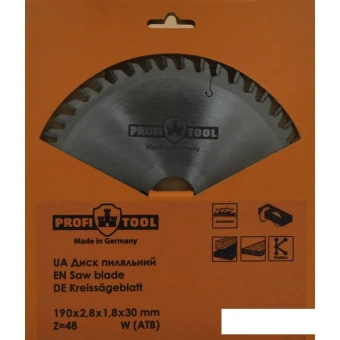 Диск пильный по дереву 190х2.8х1.8х30 мм, Z=48, зуб W (ATB), продольный+поперечный рез PROFITOOL