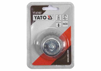 Щітка зачисна з нержавіючої сталі "чашка", до дрилі YATO: Ø=50мм, зі шпинделем Ø=6мм, 4500 об/хв[12]