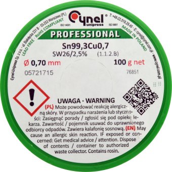 VOREL Припій без свинцю CYNEL : Ø0,7 мм, Sn99,3-Cu0,7 дротяний на котушці з флюсом m= 100 г  | 76851