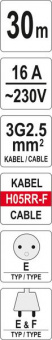YATO Подовжувач мережевий YATO на котушці : L= 30 м. 3-жильний Ø=2,5 мм²  | YT-8106