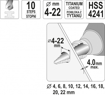 YATO Свердло конічне ступінчасте титанове по металу YATO : Ø= 4-22 мм, HSS 4241, L= 75 мм  | YT-4474