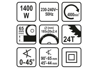 STHOR Пила дискова мережева : P= 1400 Вт, Ø= 185/20 мм, глибина різу- 65 мм, 4800 об/хв  | 79257