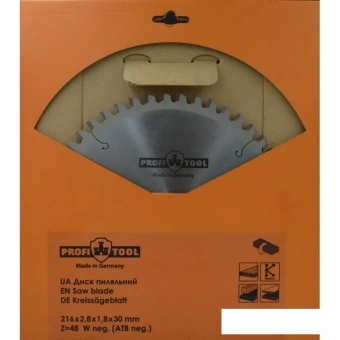 Диск пильный по дереву 216х2.8х1.8х30 мм, Z=48, форма зуба Wneg (ATBneg), поперечный рез PROFITOOL
