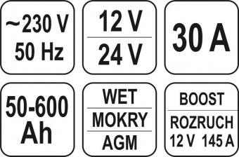YATO Пуско-зарядний пристрій YATO: акумулятор 12/24В, 50-600 Агод, V= 230 В,10/30А(12В),7,5/15 А(24В