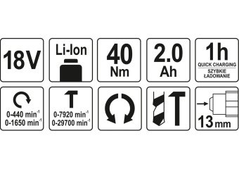 YATO Шуруповерт-дриль ударний акумулят. Li-Ion YATO: V=18 В, крутн.мом.- 40Нм, 2 Агод, патрон Ø≤13 м