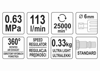 YATO Шліфмашина пневматична, пряма YATO зі шпинделем Ø= 6 мм, Ø= 1/4", 6.3 Bar, 113 л/хв  | YT-09633