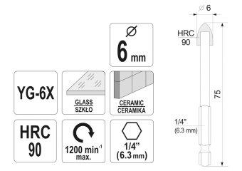 Свердло по склу і кераміці STHOR : YG6X, HEX-1/4", Ø= 6 x 75 мм [125]