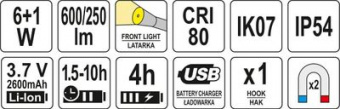 YATO Лампа світлодіодна переносна YATO 3.7 В акумулят. Li-Ion, 2 режими 600/250 Lm, зарядний USB при