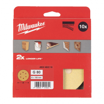 MILWAUKEE Круг шліфувальний HP 6 отв., Ø150мм, зерно 80, (10шт) | 4932492215