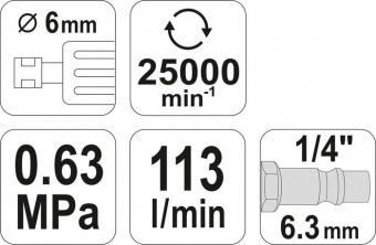 YATO Шліфмашина пневматична, пряма YATO зі сполуч. Ø=1/4", роб. тиск- 6,3Bar, витр. повітря-113 л/хв