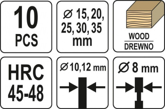 YATO Свердла по дереву: коронки і фрези YATO : Ø=15-35 мм, l=110/90 мм- коронки/фрези, 10 шт  | YT-3